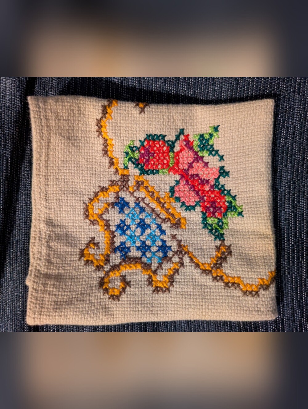 Hand-Embroidered Floral Cross Stitch Linen Square  Pink Blue Gold 10.5 x 10.5